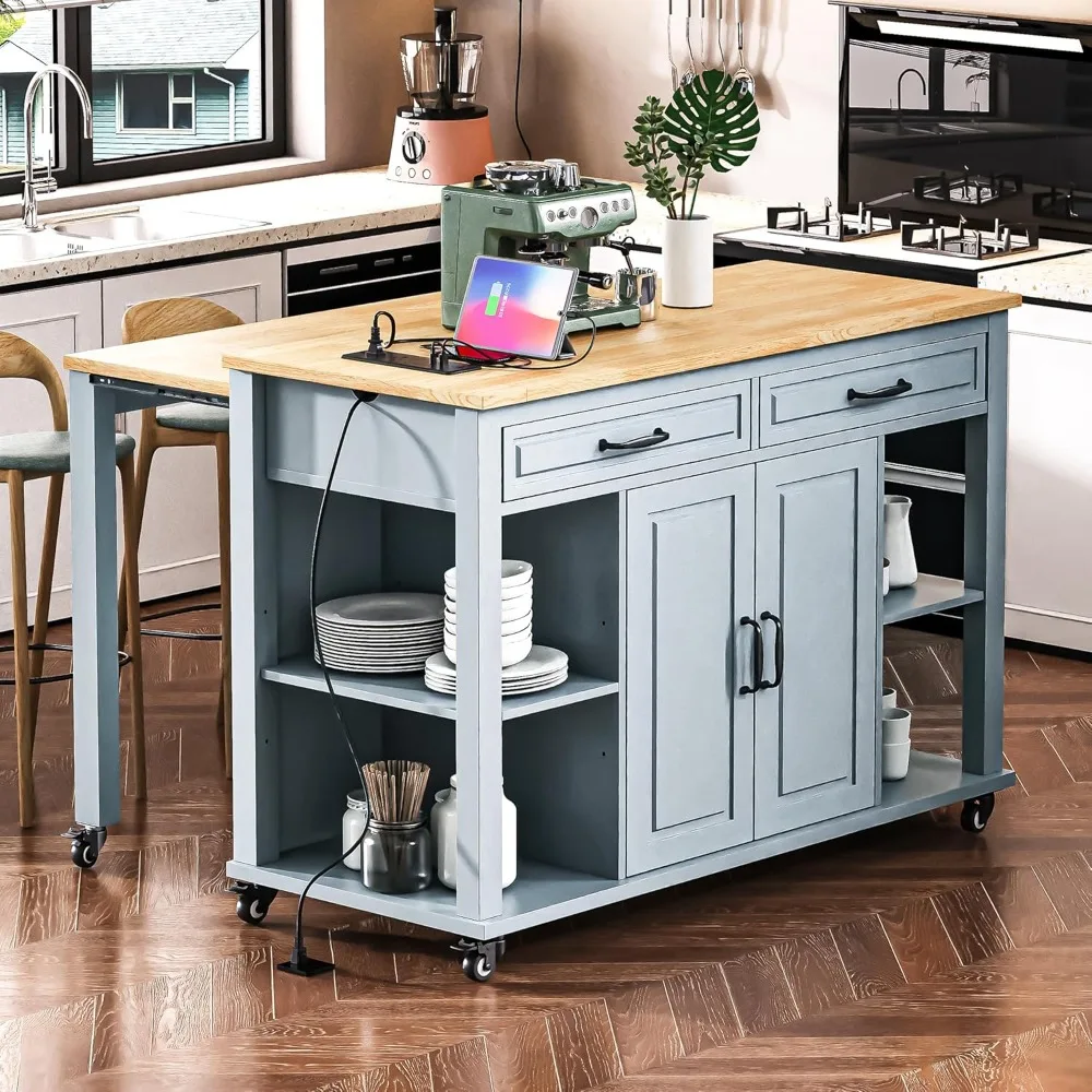 47 inch Kitchen Island with Extendable Dining Table, Internal Storage Rack, Power Outlet, Rolling Kitchen Cart on Wheels