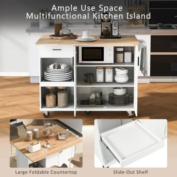 Kitchen Island with Foldable Counter Top,Slide-Out Shelf, Towel Rack and Drawer,Kitchen Cart on Wheels,Living Room, Dining Room - Image 6