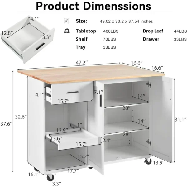 Kitchen Island with Foldable Counter Top,Slide-Out Shelf, Towel Rack and Drawer,Kitchen Cart on Wheels,Living Room, Dining Room - Image 3
