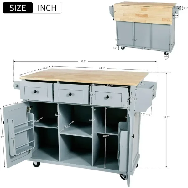 kitchen islands table，Kitchen Island with Drop Leaf, Wood Kitchen Island on Wheel with Internal Storage Racks - Image 5