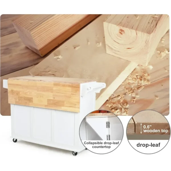 Kitchen Island with Drop Leaf,Kitchen Cart Rolling Mobile Island with Wooden Countertop, Spice Rack,Adjustable Shelves a - Image 3