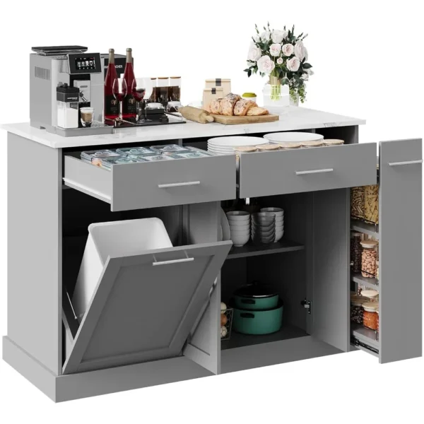 Kitchen Island with Trash Can Storage, 52" Rolling Kitchen Island on Wheels with Marble Countertop & Pull Out Spice Rack