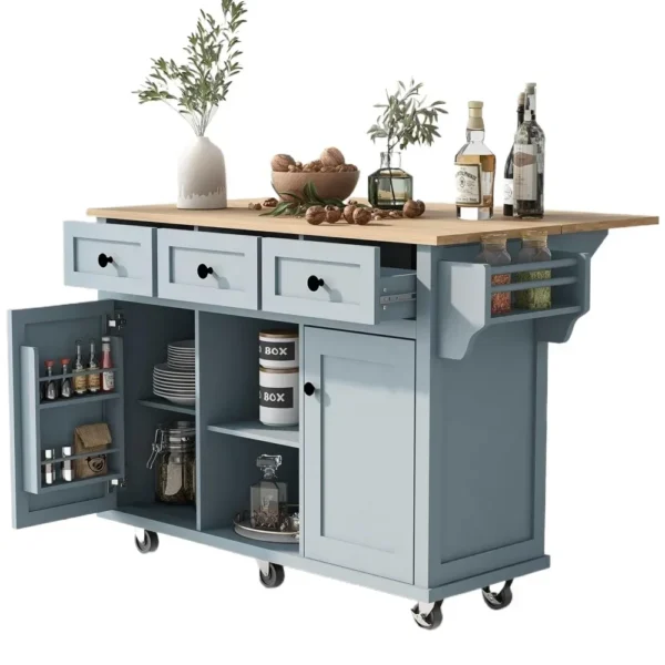 kitchen islands table，Kitchen Island with Drop Leaf, Wood Kitchen Island on Wheel with Internal Storage Racks - Image 6