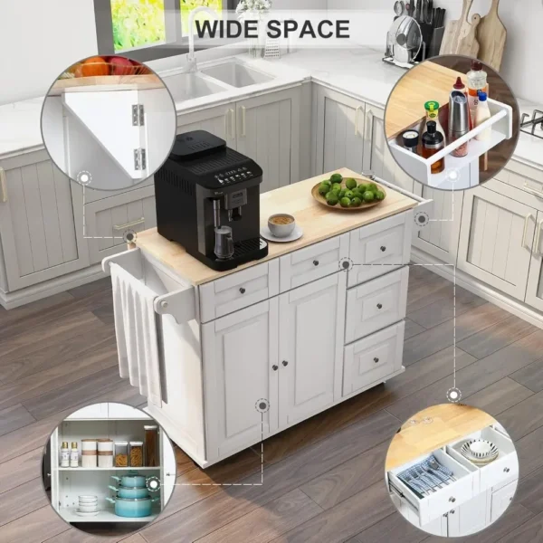 Kitchen Island with Drop Leaf,Kitchen Cart Rolling Mobile Island with Wooden Countertop, Spice Rack,Adjustable Shelves a - Image 5
