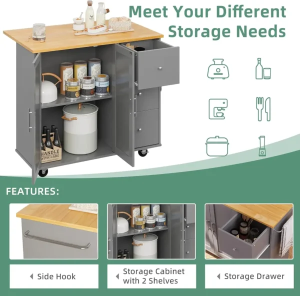 Rolling Kitchen Island Cart with Folding Drop Leaf Breakfast Bar, Portable Trolley Island with Large Storage Cabinet, Shelf - Image 6