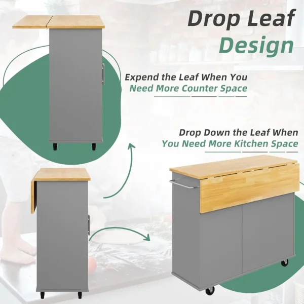 Rolling Kitchen Island Cart with Folding Drop Leaf Breakfast Bar, Portable Trolley Island with Large Storage Cabinet, Shelf - Image 4