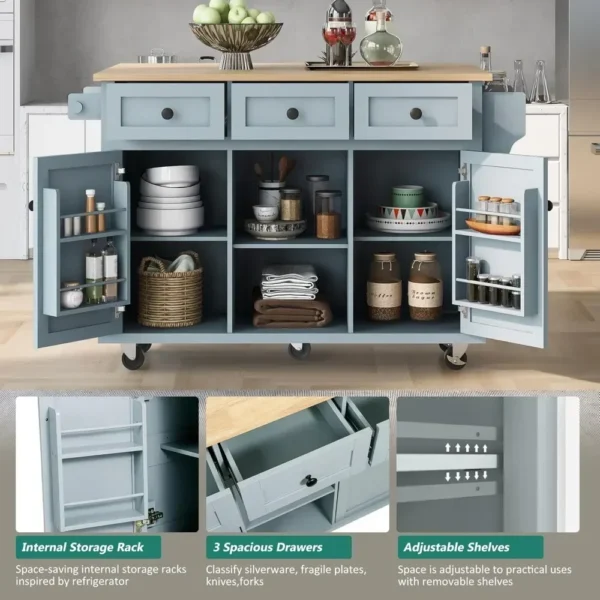 kitchen islands table，Kitchen Island with Drop Leaf, Wood Kitchen Island on Wheel with Internal Storage Racks - Image 2