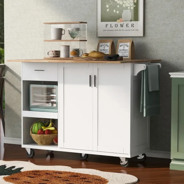Kitchen Island with Foldable Counter Top,Slide-Out Shelf, Towel Rack and Drawer,Kitchen Cart on Wheels,Living Room, Dining Room - Image 4