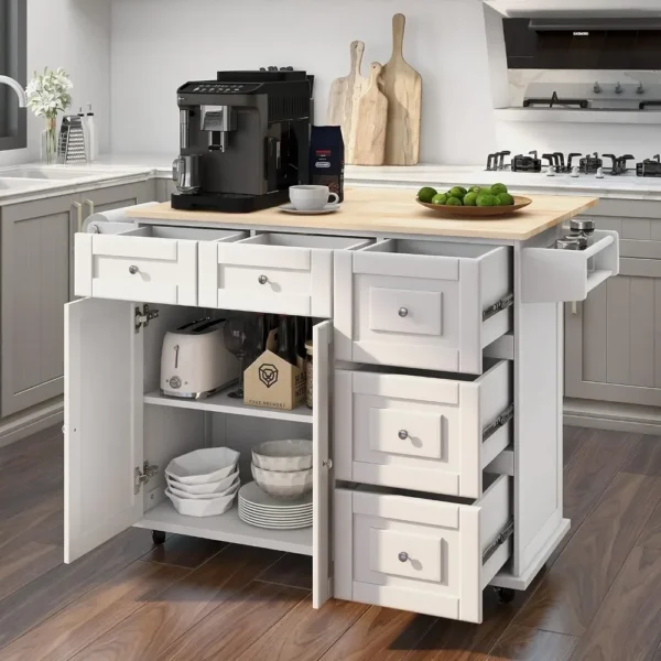 Kitchen Island with Drop Leaf,Kitchen Cart Rolling Mobile Island with Wooden Countertop, Spice Rack,Adjustable Shelves a