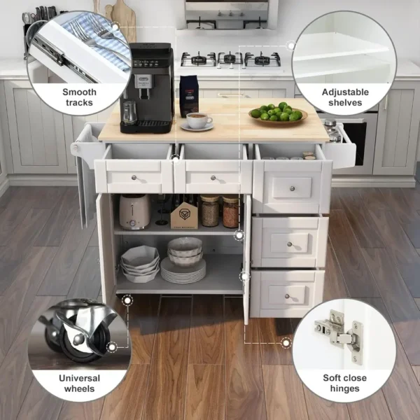 Kitchen Island with Drop Leaf,Kitchen Cart Rolling Mobile Island with Wooden Countertop, Spice Rack,Adjustable Shelves a - Image 4