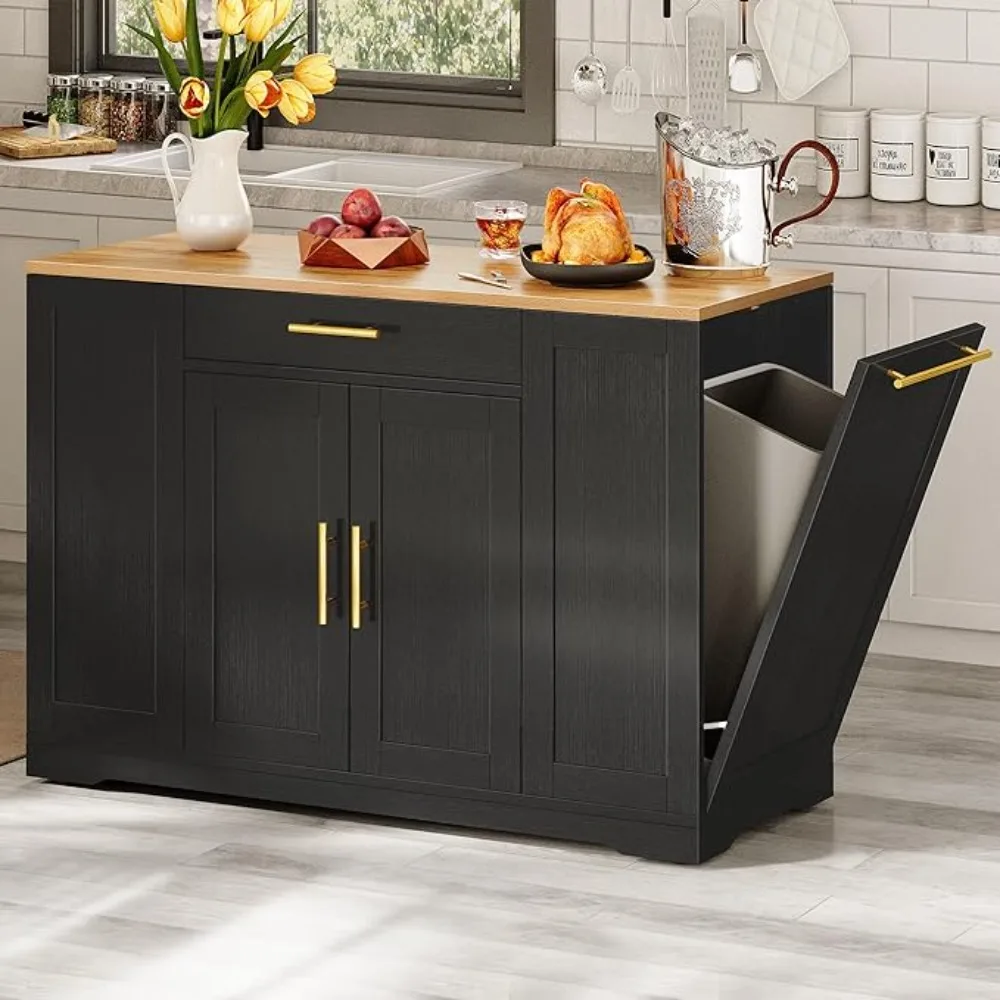 53 Inch Large Rolling Kitchen Island with Trash Can Storage Cabinet,Movable w Wheels Cabinet for 13 Gallon Garbage Bin 2 Drawer