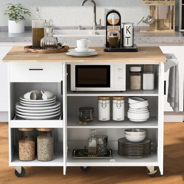 Kitchen Island with Foldable Counter Top,Slide-Out Shelf, Towel Rack and Drawer,Kitchen Cart on Wheels,Living Room, Dining Room - Image 2