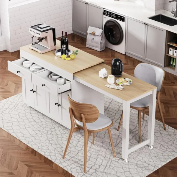 74.5" Rolling Kitchen Island on Wheels with Extendable Dining Table, Storage Cart with 4 Door Cabinet, Spice Rack