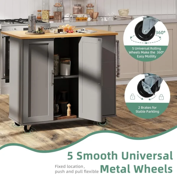 Rolling Kitchen Island Cart with Folding Drop Leaf Breakfast Bar, Portable Trolley Island with Large Storage Cabinet, Shelf - Image 2