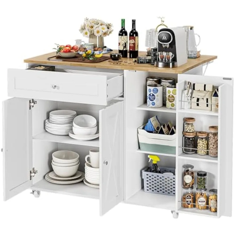 Kitchen Island with Storage, Island Table on Wheels with Drop Leaf, Spice Rack, Drawer, Towel Rack, Rolling Kitchen Island Cart