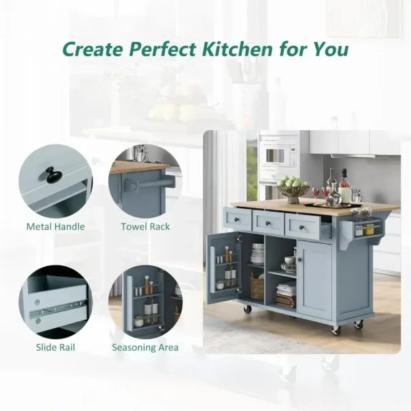kitchen islands table，Kitchen Island with Drop Leaf, Wood Kitchen Island on Wheel with Internal Storage Racks - Image 3